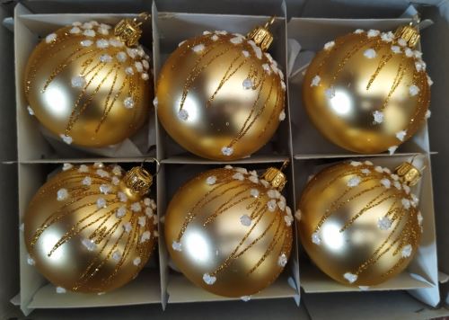 Vánoční skleněné koule 6cm, hladké, zlatý mat, bohatý bílozlatý dekor, 6ks