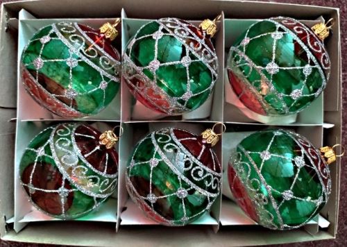 Vánoční skleněné koule 7cm, průhledné, barevné, lesk,bohatý dekor, 6ks