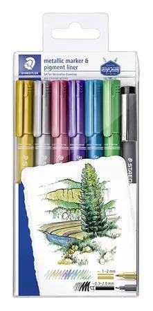 Sada dekoračních popisovačů Staedtler, 6 metalických barev + 1 černý popisovač, 1-2 mm