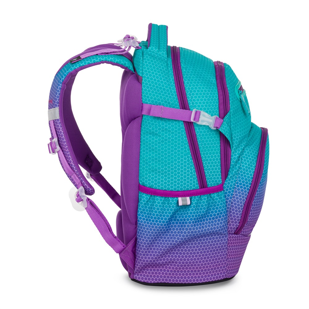 Školní batoh OXY Ombre Blue-pink – pohled zboku, ramenní popruhy a boční kapsa