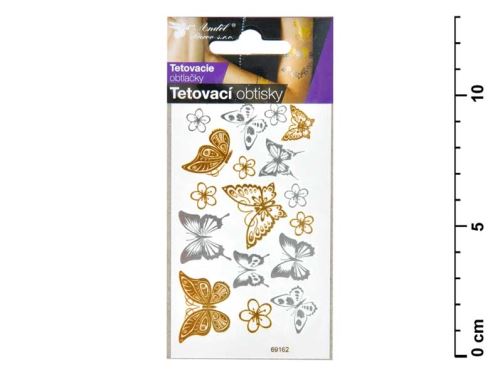 Tetovací obtisky 1114 zlaté a stříbrné motýli, 10,5x6 cm