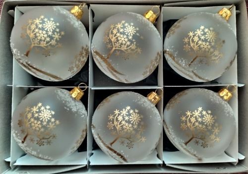 Vánoční skleněné koule 8cm, hladké, průhledný bílý mat, zlatý dekor stromů, 6ks