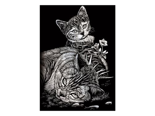 Seškrabovací obrázek- mini- Stříbrný- Kočička a kotě