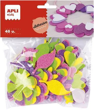 Pěnová guma APLI Eva sheets - samolepící tvary květin ss glitry / 48ks