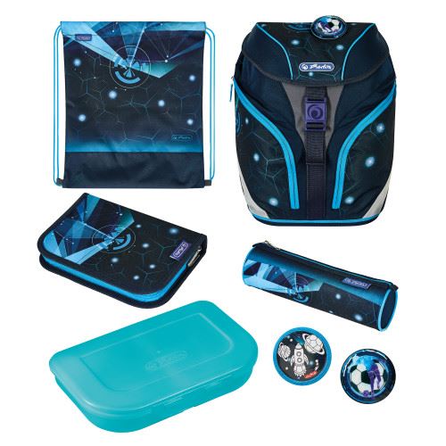 Školní set Herlitz SoftLight Plus modrý, 7-dílný - batoh, penál, sáček, pouzdro, box, 2 aplikace