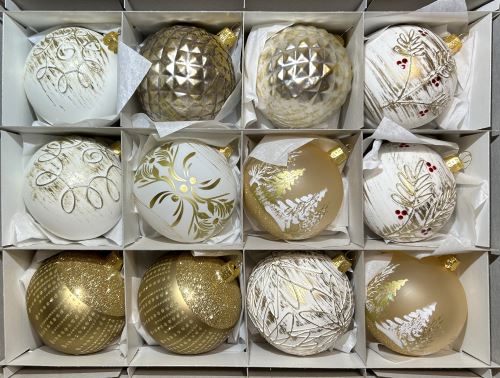 Vánoční skleněné koule 7cm, rustikální odstíny zlaté, stříbrné a bílé, mat, dekor, 12ks