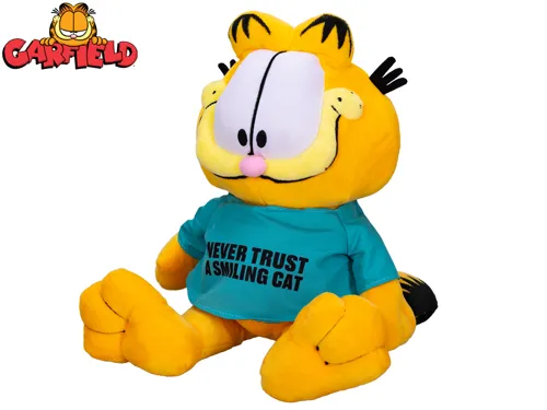 Plyšový Garfield sedící 28 cm s nápisem „Never trust a smiling cat“