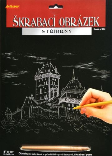 Škrabací obrázek 20x25 cm, stříbrný - Karlštejn