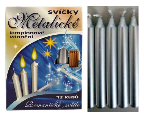 Vánoční svíčky na stromeček 9,5cm, 12ks, metalické - stříbrné