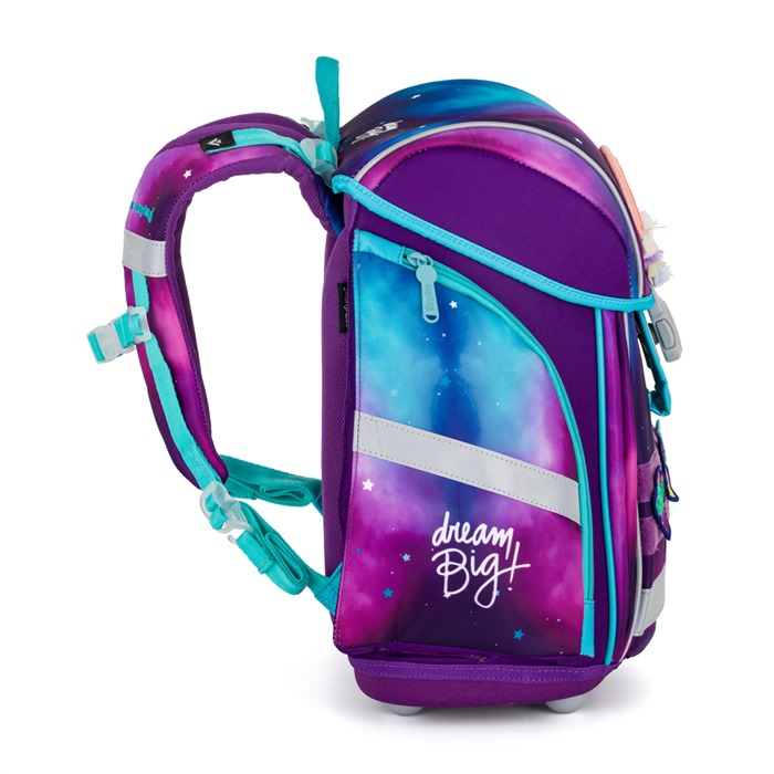 Školní batoh Oxybag Premium Light Dream – pohled zboku s bočními kapsami na zip