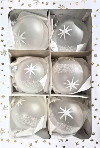 Vánoční skleněné koule 10cm, průhledné, bílý motiv hvězd, 6ks