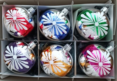 Vánoční skleněné koule 7cm, hladké, lesk, dekor, mix barev, 6ks