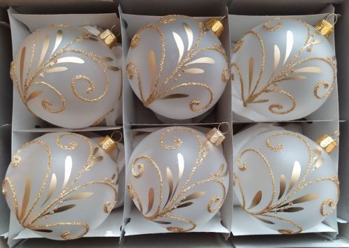 Vánoční skleněné koule 7cm, hladké, průhledné bílé, mat/lesk, bohatý zlatý dekor, 6ks